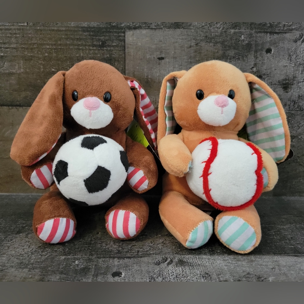 Adorable Animal Adventure Plush Bunny Toy Set with Soccer and Baseball - NWT